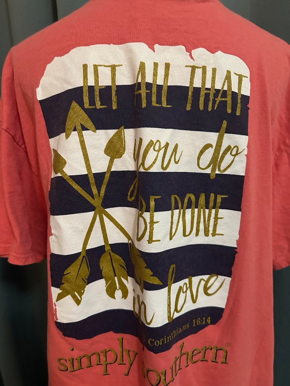 Simply Southern Women’s XL Coral T Shirt 1 Corinthians 16:14 Christian Graphic